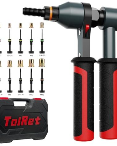 TOLRET Rivet Nut Tool Rivet Nut Kit, Rivnut Tool Kit with 10 Metric and SAE Mandrels, 100 Pcs Rivet Nuts Assortment Kit, Professional Ratchet Nutsert Tool Kit with Rugged Carrying Case, TR21