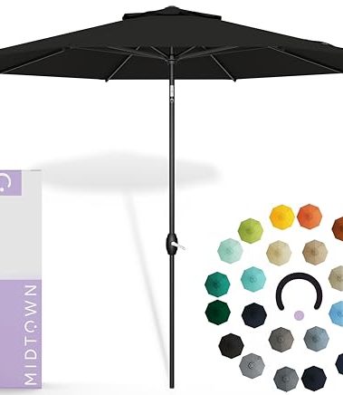 Midtown Umbrellas Sunbrella Umbrella 10 Feet Large Outdoor Umbrella With Sunbrella Black Acrylic Fabric - Auto-Tilt Aluminum Frame Large Patio Umbrella For Backyard, Deck, Garden, Pool - Black Pole