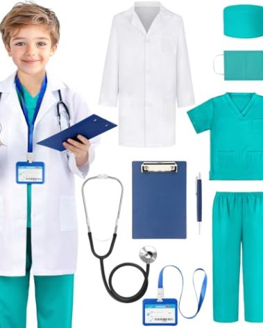 Joycover Doctor Costume for Kids, Kids Scrubs Halloween Costumes For Girls Boys Doctor Dress up Play Kit