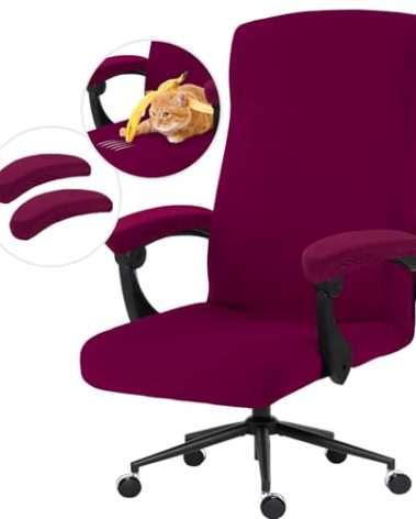 DIVA EN CAMINO DEC Stretch Computer Office Chair Cover with Armrest Covers Durable Zipper Universal Spandex Rotating Boss Chair Slipcovers Anti-dust Soft Desk Chair Seat Protector, Wine Red