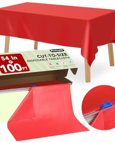 54 in X 100 FT Red Plastic Table Cover Roll with Slide Cutter, Cuts Up to 12 Rectangle 8 Feet Disposable Plastic Table Cloths，Disposable Table Cover Roll for Dinning, Parties, BBQ, Wedding, Outdoor