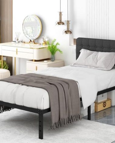 Likelalaso Twin XL Bed Frame with Upholstered Headboard, 14 inch Twin XL Metal Bed Frames, Steel Slat Support, Noise Free, No Box Spring Needed, Easy Assembly, Black