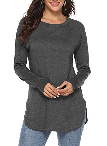 Newchoice Casual Tops for Women Side Split Classic Round Neck Fall Tunic Tshirts (L,Dark Grey)