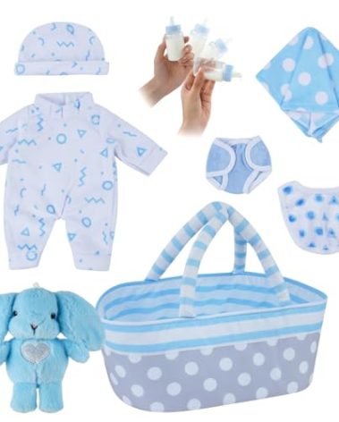 BABESIDE 8 Pcs Baby Doll Clothes Set with Bassinet for 8-10-12 Inch Dolls, Bitty Baby Doll Clothes and Accessories for Newborn Babydolls Boy, Blue