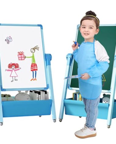 Art Easel for Kids, Double Sided Kids Easel Drawing Board, Whiteboard & Blackboard, 360°Rotating Adjustable (Blue)