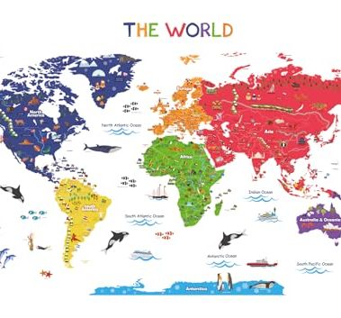 BASHOM SG2-115 Large Animal Landmarks World Map Wall Decals Educational Stickers for Kids Nursery Bedroom Living Room Classroom Peel Stick Removable Poster mapa Mundi para pared Art