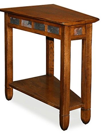 Leick Home Slate End Table, Solid Wood, Narrow Wedge Shape, Slate Tile Insets, Bottom Display Shelf, Easy-Assembly, Rustic Oak, 23.5 in. L x 17 in. W x 24 in. H, 10056