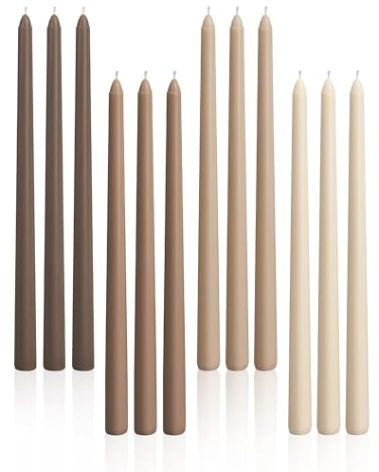 Viyffo Taper Candles 12 Inch 12 Pack Brown, 9 Hour Burn Unscented Dripless & Smokeless Long Candlesticks for Wedding, Dinner & Home Decor