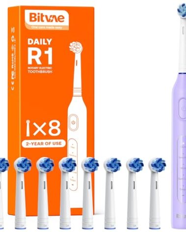 Bitvae R1 Rotating Electric Toothbrush with 8 Brush Heads for Adults and Kids, 60-Day Battery Life, 5 Modes Rechargeable Power Toothbrush with 2-Minute Smart Timer, Purple