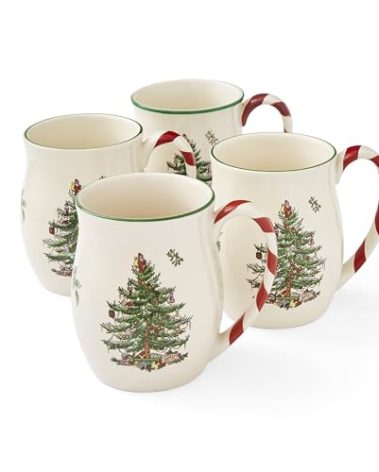 Spode Christmas Tree 14 oz Holiday Mugs (Set of 4) - Festive Coffee Cups with Peppermint Candy Cane Handle, Stoneware Christmas Drinkware Ideal for Hot Cocoa, Holiday Tea & Winter Beverages