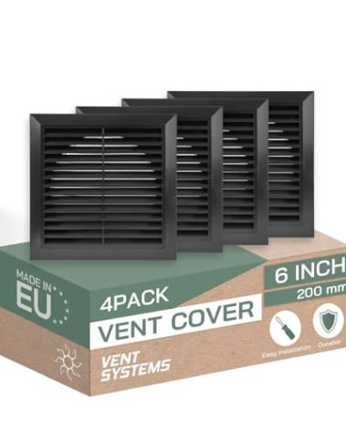 Vent Systems 6" Duct - 8" x 8" Outside Pack of 4 Air Vent Cover - Bathroom Exhaust Vents Pipe - Black Louvered Outdoor Dryer Vent Cover - Black 150 mm 200 x 200 mm
