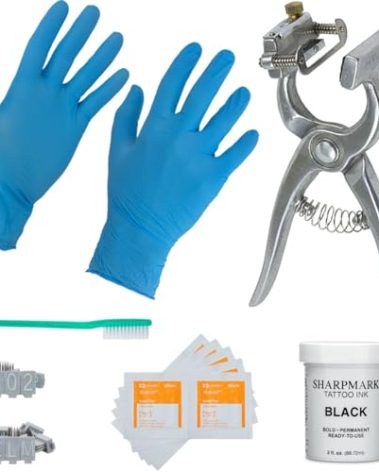 BOCCS Tattoo Kit Standard with 3/4In Digits and Numbers, Tattoo Pliers, Nitrile Gloves, and Ink for Identification of Sheep, Pigs, Goats, Cattle Livestock (0-9 & A-Z, Black)