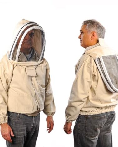 Bee Jacket with Veil - Natural Canvas Bee Suit Jacket with Elastic Waist & Cuffs, YKK Brass Zippers, 3 Utility Pockets. Removable Hood Interchangeable with Forest Beekeeping Suit. (2XL)