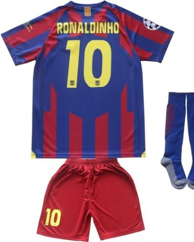 ORGBRAIN Barcelona Home Ronaldinho #10 Vintage 2005 Limited Edition Soccer Kids Jersey Shorts Socks Youth Sizes (Red, 30)