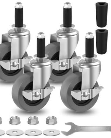 3 Inch Expanding Stem Caster Wheels Set of 4 with Side Brake, Heavy Duty Metro Shelving Replacement Wheels Fit 3/4" and 7/8" ID Round Tube Diameter for Utility Cart, Shopping Cart, Furniture Legs