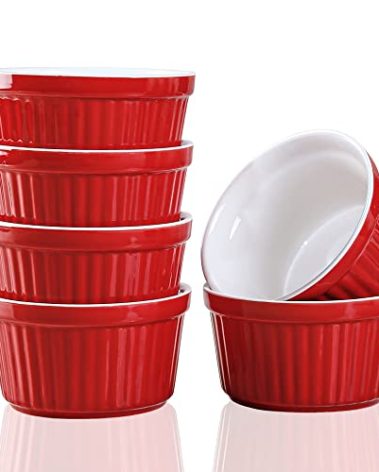 YAZYLIFE Ramekins 6oz Oven Safe,Creme Brulee Ramekin and Souffle Dishes,Porcelain Baking Bowls,Dipping Sauce Dish.Pudding Cups,Set of 6,Red