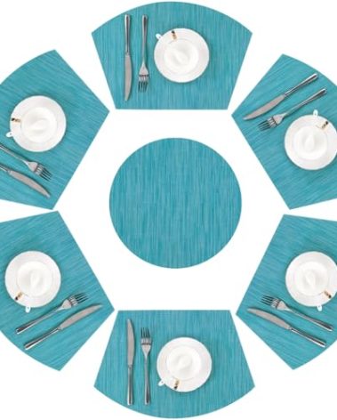 SHACOS Round Table Placemats Set of 7 Woven Vinyl Wedge Placemats with Centerpiece Heat Resistant Table Mats Wipe Clean (7, Teal Blue)