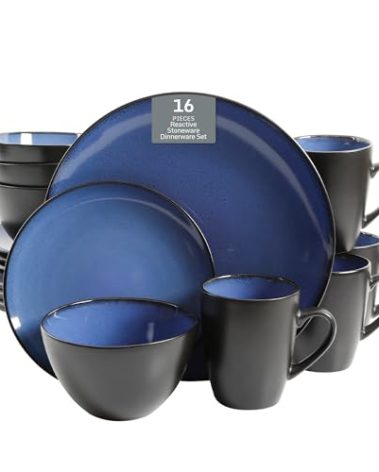 Gibson Elite Soho Lounge Round Reactive Glaze Stoneware Dinnerware Set, Service for 4 (16pc), Blue, Soho Round.
