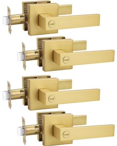 Tinewa 4 Pack Heavy Duty Gold Square Privacy Interior Door Levers, Satin Brass Finish, Bedroom and Bathroom Door Handles Keyless Bed/Bath Lockset