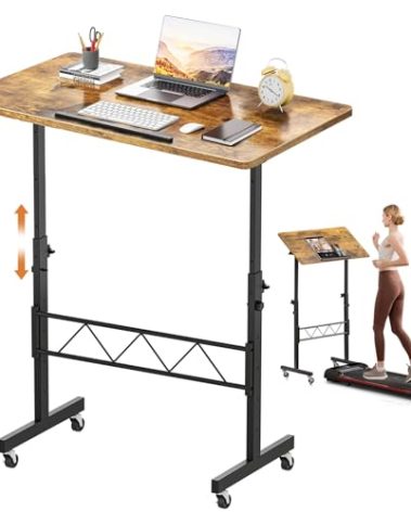 COMHOMA Small Standing Desk Adjustable Height & Tiltable Tabletop, Mobile Stand Up Desk for Laptop, Portable Computer Table for Home Office Work and Walking Pad Treadmill, Height 30.7"-46.4", Brown
