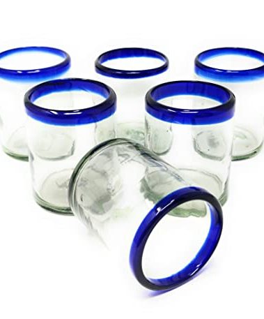Hand Blown Mexican Drinking Glasses - Set of 6 Tumbler Glasses with Cobalt Blue Rims (10 oz each)