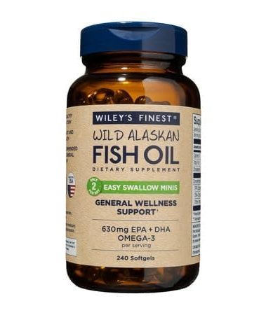 Wiley's Finest Wild Alaskan Fish Oil Easy Swallow Minis - Omega-3 Fish Oil Supplement for Adults and Kids - Double-Strength 630mg EPA and DHA Natural Supplement - 240 Mini Softgels (120 Servings)