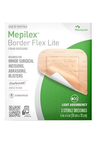 Mepilex Border Flex Lite 4x4 in (10x10 cm) Hospital Grade Dressings for Minor Surgical Incisions, Abrasions and Blisters for up to Several Day Use
