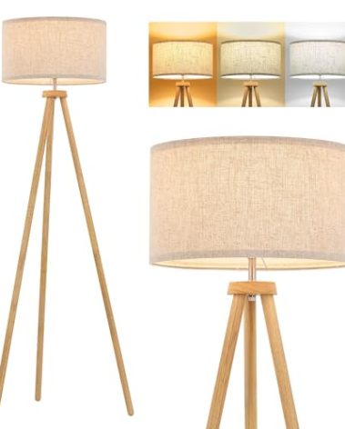 ELYONA Wood Tripod Floor Lamp for Living Room, Nordic Standing lamp with 3 Color Temperatures LED Bulb Included & Beige Linen Shade, Footswitch, Tall lamp for Bedroom, Office, Study Room, Natural Wood