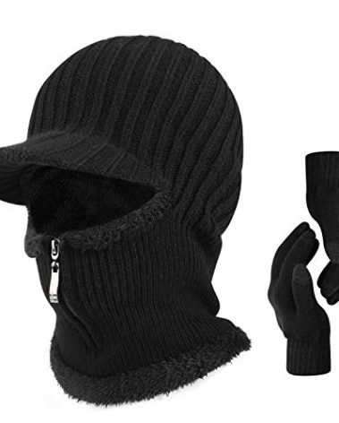 TAGVO Winter Unisex Knitted Balaclava Face Mask Cover with Touch Screen Gloves, Thick Warm Fleece Lining Beanies Hat Elastic Neck Warmer, Windproof Thermal Skiing Mask for Adults Outdoor Sports
