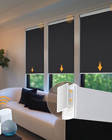 Hapadif Motorized Blinds - No Drill Automatic Cordless Roller Shades Electric Smart Blinds with Remote Control (Black, 34 x 72), MH100