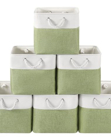 VQRTEXA 13 x 13 Inch Cube Storage Bins,6 Pack Fabric Storage Basket with Handles,Foldable Boxes Organizer for Shelf Baskets for Home,Clothes(White/Green)
