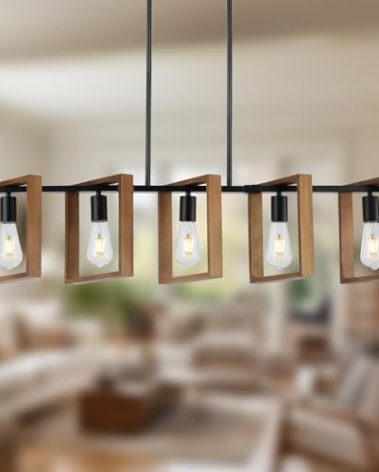 9MMML 41.5" Kitchen Island Lighting,5 Lights Dining Room Light Fixtures, Rustic Farmhouse Height Adjustable Wood Chandeliers for Kitchen, Pool Table Lights, Black Body+Wood Frame,E26.
