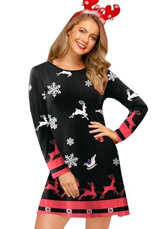 Reindeer Dress for Women Christmas Tunics Long Sleeve Flare Printed Pullover Swing Costume Red & White L