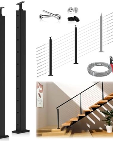 Gyykzz 36" Complete Set Stair Cable Railing Post Kit for 28°-38° Stairway, Stair Railing System DIY Kit Including 2 Stair Posts, 85FT Cable, 20 Terminal & 20 Angle Washers, 40 Grommets (No Handrail)