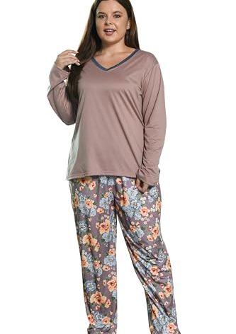 Vozanet Women Plus Size Pajama Sets Sexy V Neck Long Sleeve Long Pants Sleepwear Elegant Floral Patterns Lounge Set Size XL to 5X for Winter Nighty, Brown/Gray Flowers, 5X-Large