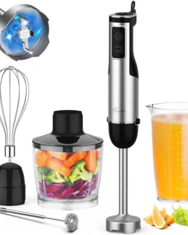 Immersion Blender Handheld, 1100W 5-in-1 Multi-Purpose Hand Blender, 12-Speed Stick Blender, 600ml Beaker, 500ml Chopper, Egg Whisk, Milk Frother, Black