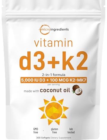 Micro Ingredients Vitamin D3 5,000 IU + K2 MK-7 100 mcg, 300 Softgels | Virgin Coconut Oil | 2-in-1 Bone, Immune & Heart Support | Easy to Swallow, Non-GMO