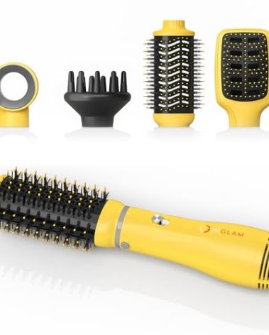 IG INGLAM Hair Dryer Brush, 4-in-1 Detachable Blow Dryer Brush, Ionic Diffuser Hair Dryer & Styler Volumizer with Oval Titanium Barrel, One-Step Hot Air Blowout Styler, Yellow