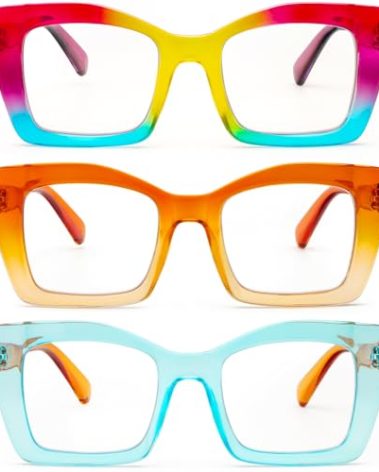 REAVEE 3 Pack Oversized Square Reading Glasses Oprah Style for Women, Blue Light Blocking Large Frame Computer Designer Fashion Readers with Spring Hinge (Rainbow/Orange/Cyan,3.5)