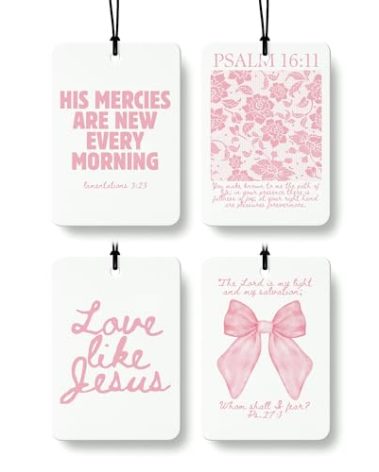 FISWAFY Pink Christian Car Air Freshener 4 Pcs, Girly Pink Bow Floral Religious Hanging Air Freshener for Cars Closet Drawer Books, Cute Preppy Christian Car Accessories Mirror Decor for Women