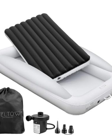 ELTOW Toddler Blow-Up Mattress with Sides, Inflatable Toddler Travel Bed with Safety Bumpers, Portable Kids Air Mattress for Travel, Complete Set with High-Speed Pump & Carry Bag - Black