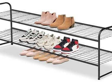 AOODA Long 2 Tier Shoe Rack for Closet Metal Wide Stackable Shoe Storage Organizer for Entryway, Bedroom, Floor, 18-Pairs Low Shoe Shelf, Black