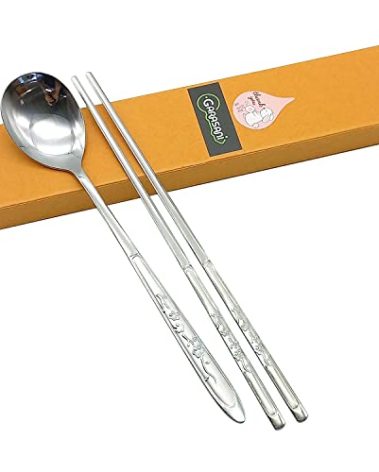 GARASANI Korean Traditional Cutlery Stainless Steel Spoons and Chopsticks Set (Silver Plum blossom)