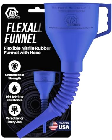 TEC Products FlexAll Long Flexible Funnel for Automotive Use - Durable Nitrile Rubber - Ideal for Car Oil Change, Transmission Funnel Fluid, Diesel, Fuel, Gas - Made in USA - Blue (16 x 5 Inches)