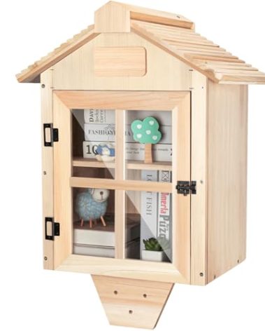 Ruomi1y Little Library Box Outdoor Free Library Kit,Double Literature Little Library with Shelf Book Storage Trapezoidal Roof for Neighborhoods Diy,Schools,Community Sharing Books,Newspapers,Flyers