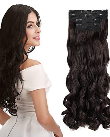 REECHO 24" Curly Wavy 4 Pieces Set Thick Clip in on Hair Extensions Black Brown