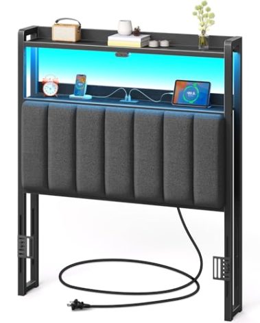 Rolanstar Headboard for Twin Size Bed with Storage, 60,000 DIY Color of LED Light, Head Board with USB & Type C Port, Height Adjustable, Black Upholstered Cabeceras de Cama Comfortable Modern, Linen