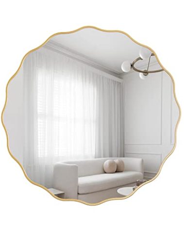 Gumcoly Gold Round Wavy Edge Wall Mounted Mirror for Bathroom,24" Circle Scalloped Wooden Framed Vanity Mirror Decorative for Bedroom Living Room Hallway Entryway Office Home Decor