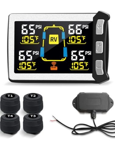 Masoll RV/Trailer Tire Pressure Monitoring System, Tire Pressure Monitor with Color LCD Display, TPMS with 4 Sensors for Travel Trailer/5th Wheel/Camper, 0-87PSI with 120ft Transmission Distance