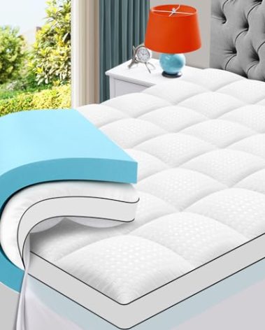 MASVIS Queen Size Dual Layer 4 Inch Memory Foam Mattress Topper, 2 Inch Gel Memory Foam and 2 Inch Cooling Pillow Top Mattress Pad Cover for Back Pain, Medium Support